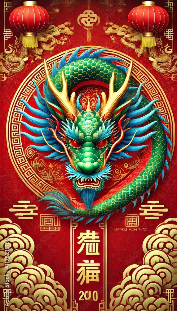 A festive Chinese New Year background in vibrant red tones featuring two majestic green and blue dragons facing each other, each holding a gold ingot . A festive Chinese New Year background in vibrant red tones featuring two majestic green and blue dragons facing each other, each holding a gold ingot .