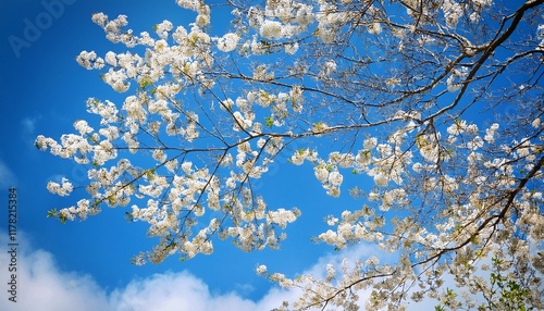 a blue sky with a large number of white flowers scattered throughout