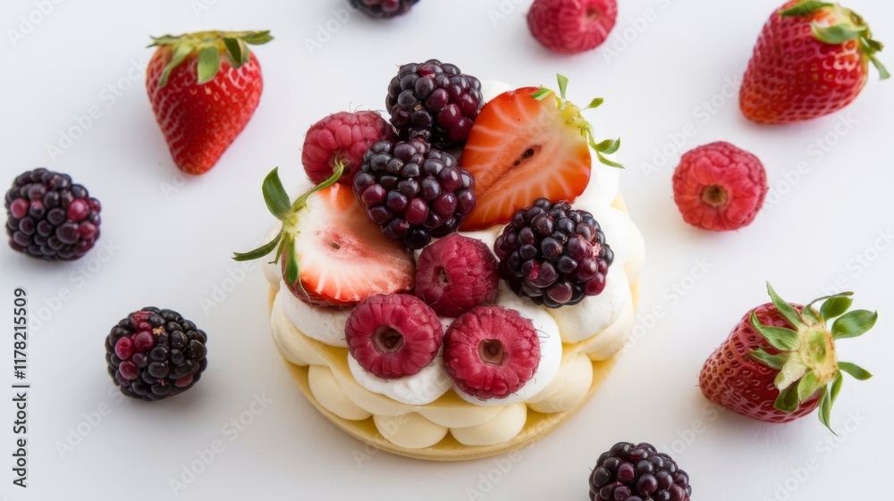 Vanilla Dessert with Fresh Strawberries and Blackberries on white background Vanilla Dessert with Fresh Strawberries and Blackberries on white background