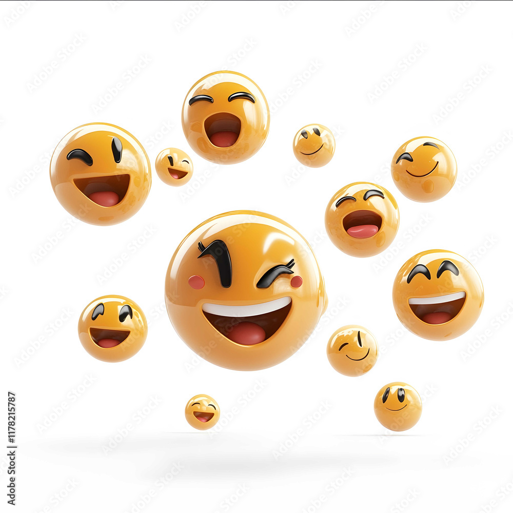 3d smily face emojis flying around randomly expressing different emotions on a white background 3d smily face emojis flying around randomly expressing different emotions on a white background