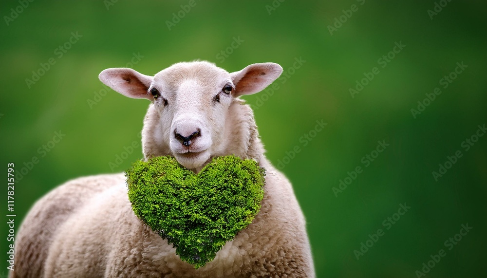 Obraz premium a sheep holds a heart shaped bush in front of it symbolizing love and nature against a vibrant green background