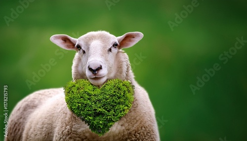 a sheep holds a heart shaped bush in front of it symbolizing love and nature against a vibrant green background photo