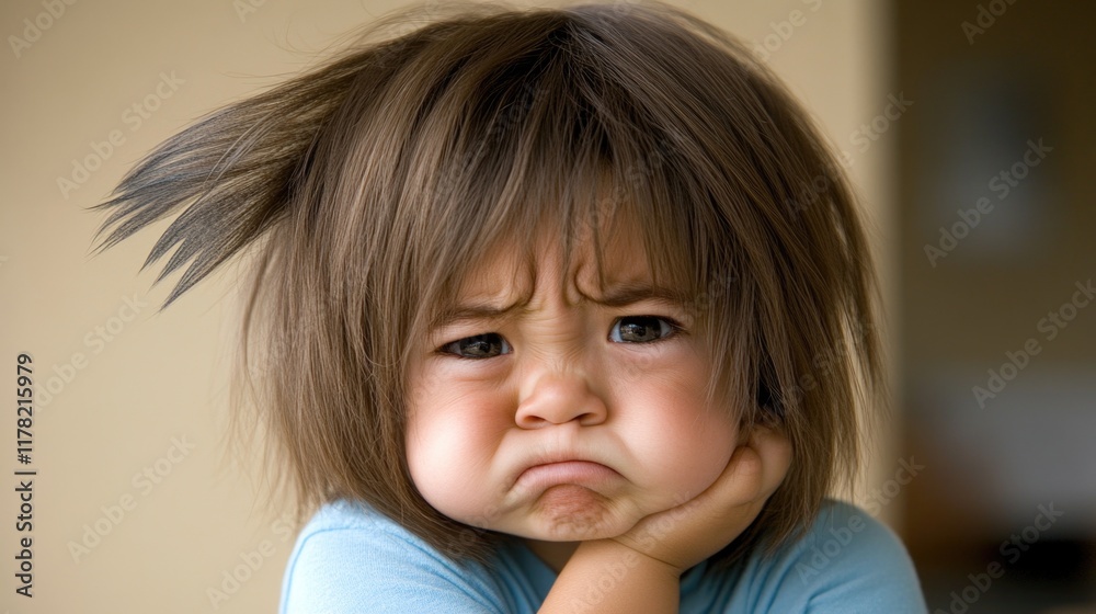 Adorable caucasian child with messy hair and pouty expression Adorable caucasian child with messy hair and pouty expression