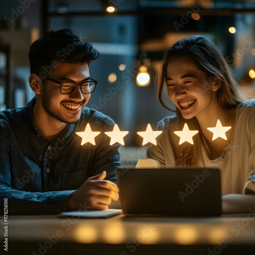 photo realistic image of business owners getting google reviews using reputation management