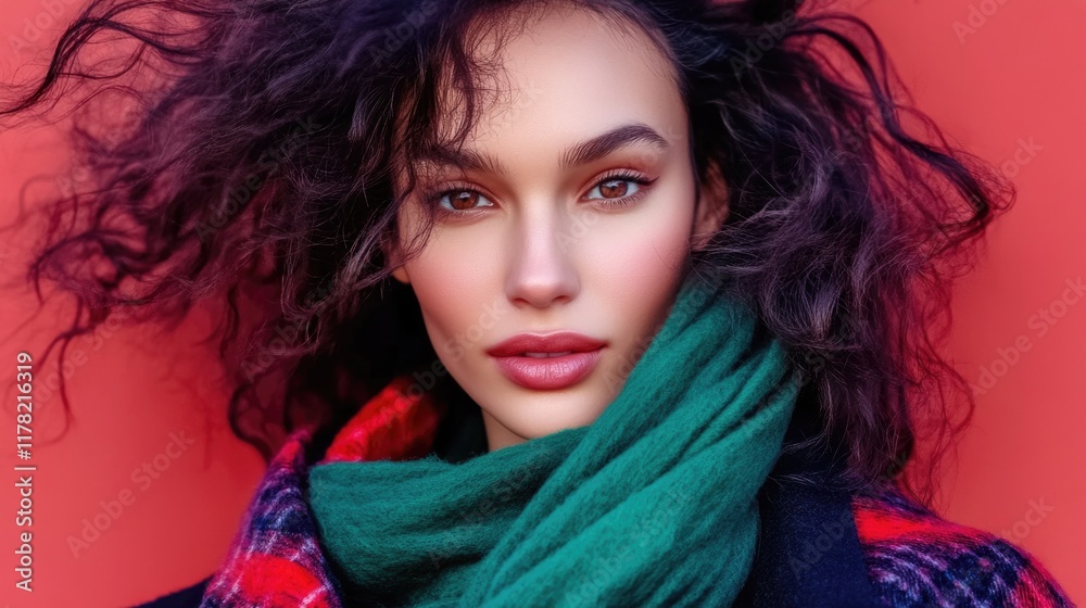 Young caucasian female with curly hair in green scarf against red background Young caucasian female with curly hair in green scarf against red background