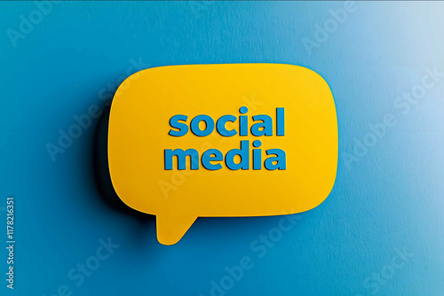 A yellow speech bubble with the word social media written in it on a blue background in a paper cut style with a minimalistic simple design high resolution professiona photo