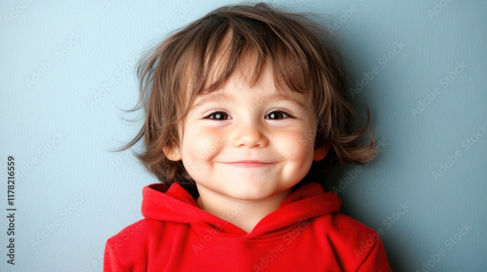 Happy caucasian child smiling in red hoodie against blue background Happy caucasian child smiling in red hoodie against blue background