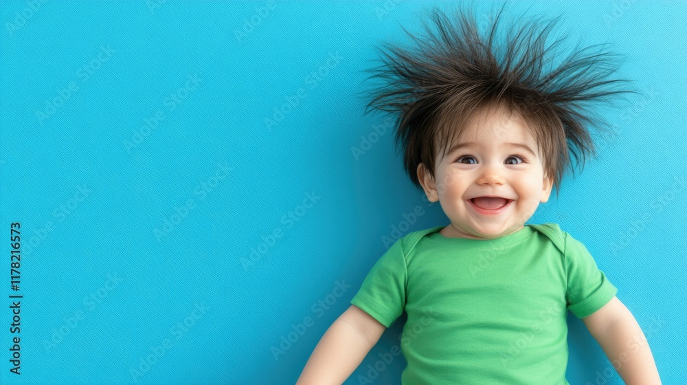 Happy caucasian baby with messy hair on bright blue background Happy caucasian baby with messy hair on bright blue background