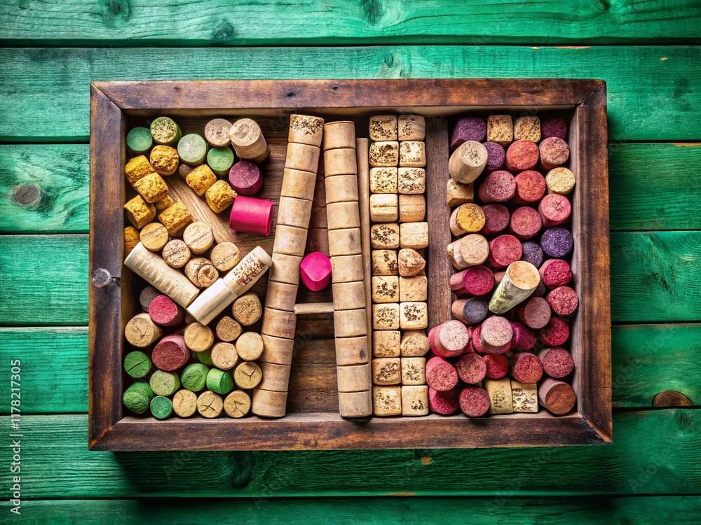 Wine Cork Sale Sign in Wooden Box - Green Background Fashion Photography Wine Cork Sale Sign in Wooden Box - Green Background Fashion Photography