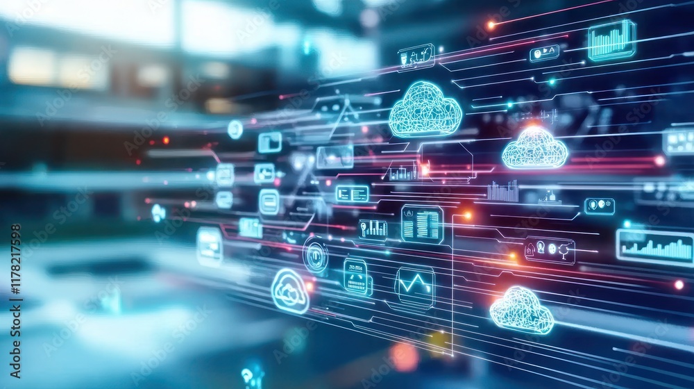 Fototapeta premium Digital cloud technology with data visualization elements.