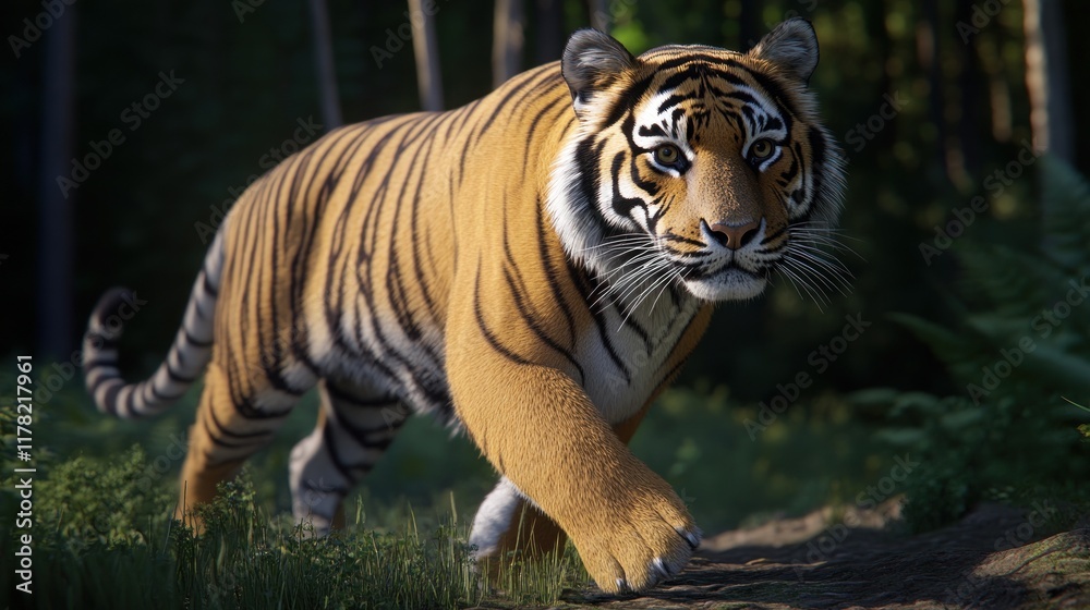 Fototapeta premium A tiger walking through a lush forest environment.