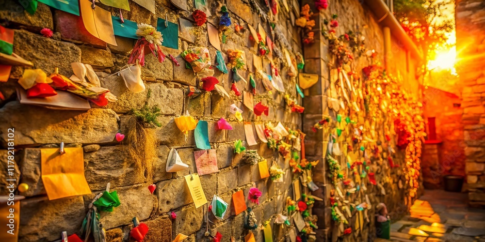 Fototapeta premium Wishes & Prayers: Colorful Notes on a Humble Wall - Stock Photo