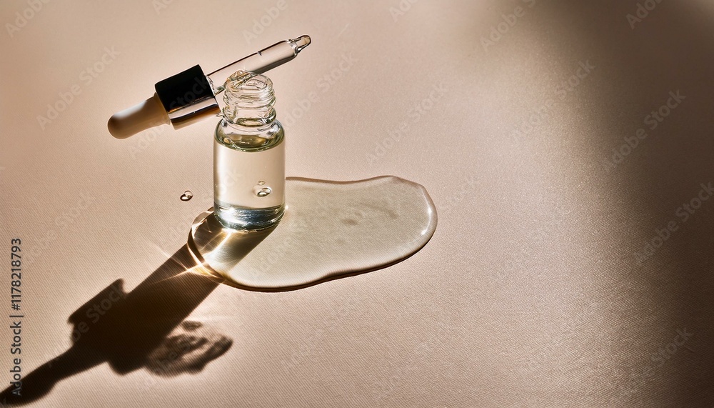 Clear serum bottle with dropper, spilled liquid on a neutral background. Skincare product photography. Clear serum bottle with dropper, spilled liquid on a neutral background. Skincare product photography.