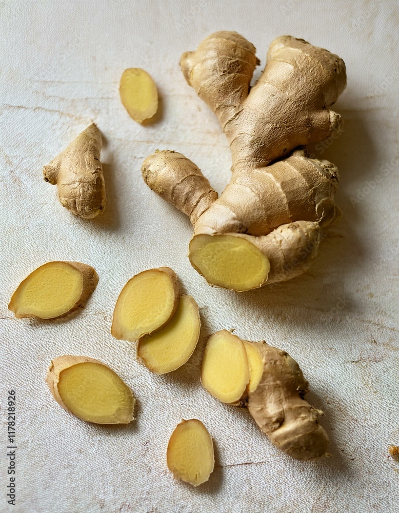 Fresh ginger root and slices on a light background. Healthy, vibrant, and earthy tones. Fresh ginger root and slices on a light background. Healthy, vibrant, and earthy tones.