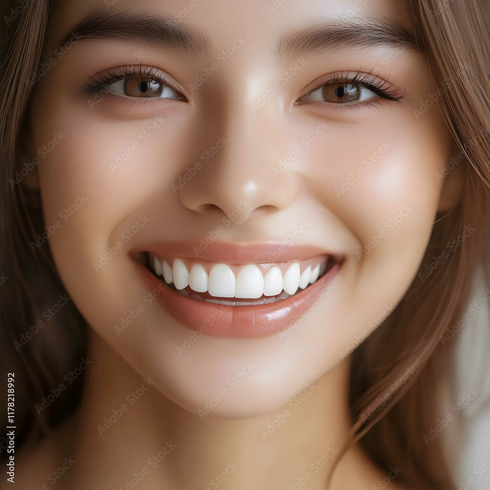 Obraz premium Beautiful smile asian woman age 25 yo very white bright and shine teeth show their ceramic veneer teeth glow and radiance neutral tone realistic photo