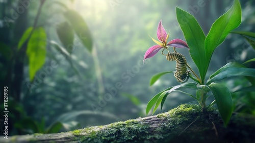 A caterpillar perched on a vibrant leaf in a lush forest setting.