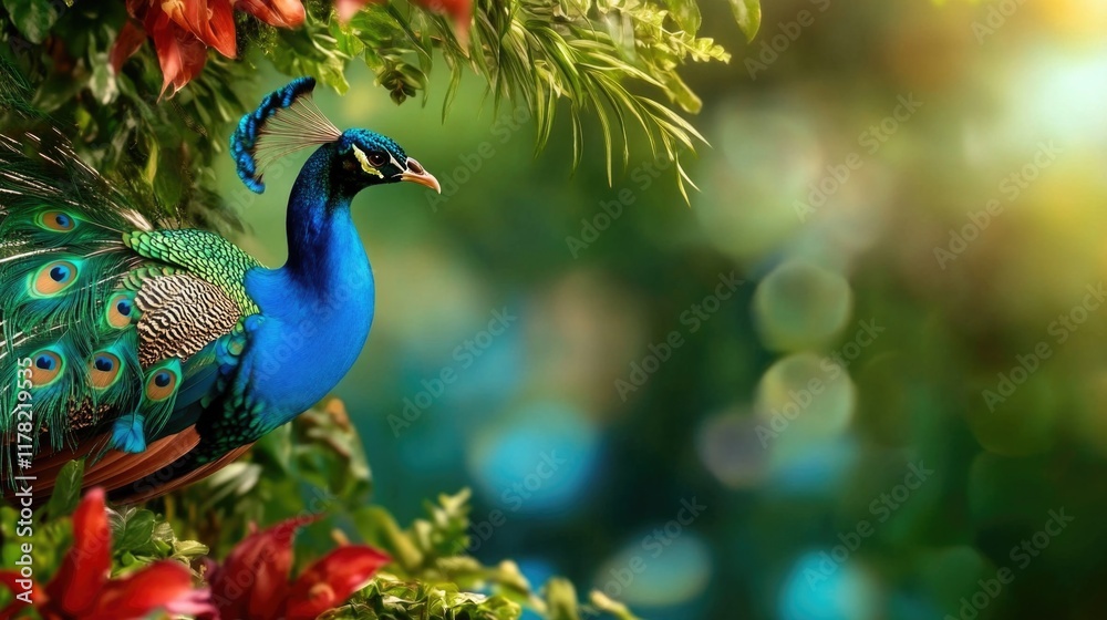 Obraz premium Vibrant peacock in lush greenery with colorful plumage