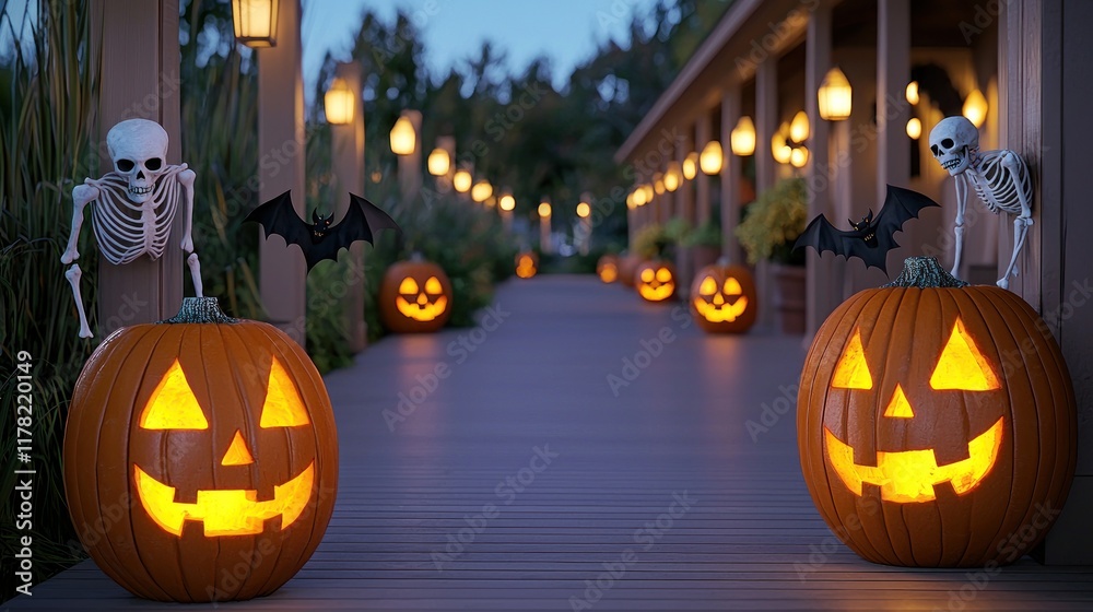 Fototapeta premium Halloween decorations with pumpkins, skeletons, and bats.