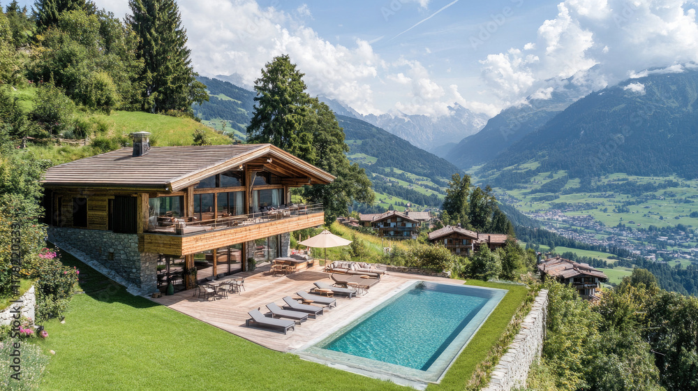 Fototapeta premium Luxurious Mountain Villa with Scenic Pool and Breathtaking Views