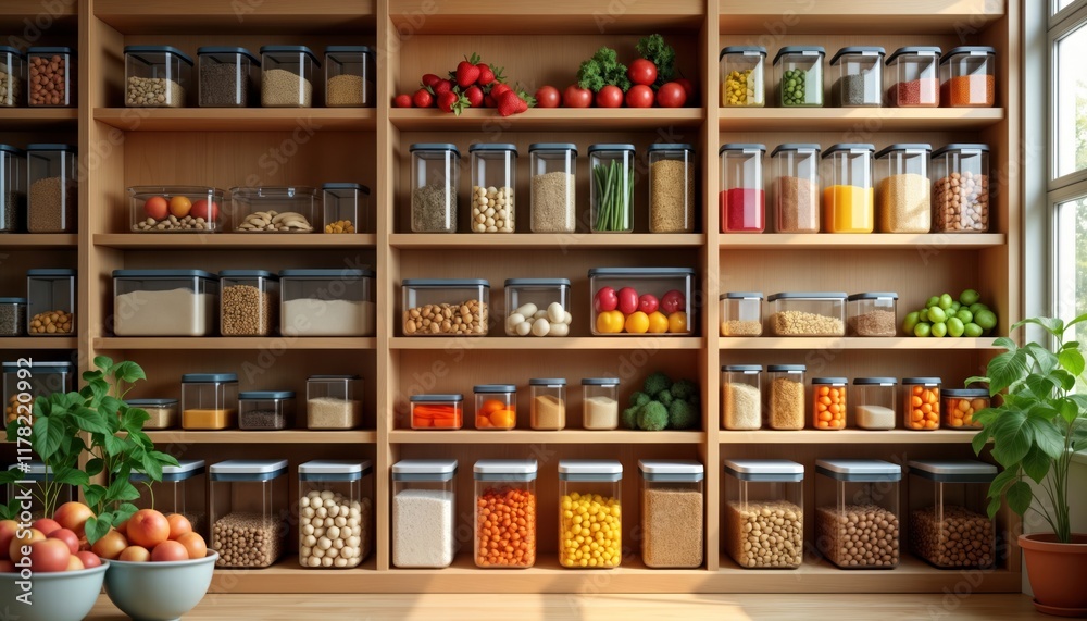 Organized pantry with various food storage containers. Healthy ingredients neatly organized on wooden shelves. Transparent containers hold grains fruits vegetables, legumes. Natural, organic foods Organized pantry with various food storage containers. Healthy ingredients neatly organized on wooden shelves. Transparent containers hold grains fruits vegetables, legumes. Natural, organic foods