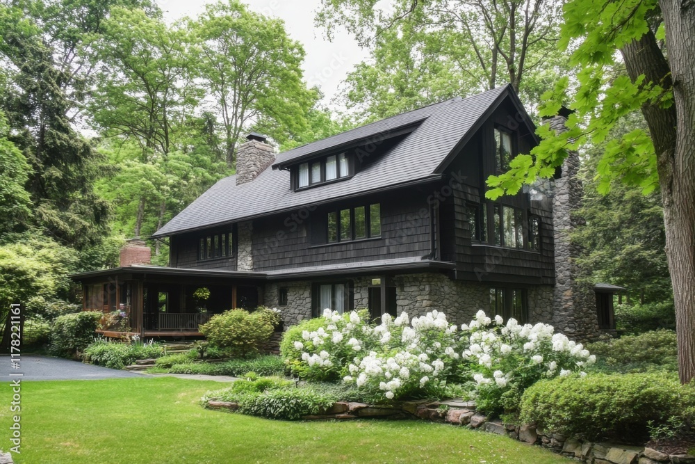 Beautiful modern home surrounded by lush greenery and blooming flowers in a tranquil suburban neighborhood during daytime Beautiful modern home surrounded by lush greenery and blooming flowers in a tranquil suburban neighborhood during daytime