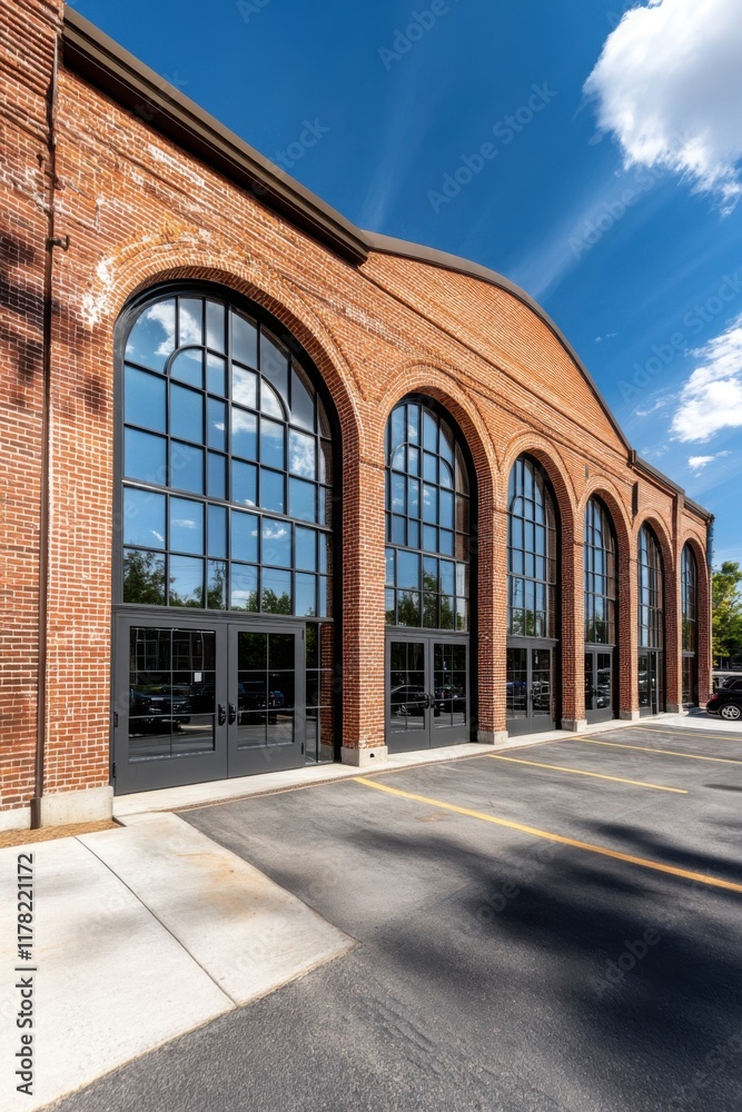 Historic brick building with large arched windows under a bright blue sky, capturing the charm of urban architecture and community spaces in the afternoon light