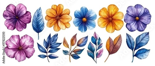 Fototapeta Naklejka Na Ścianę i Meble -  Watercolor flowers and leaves set on white background for design