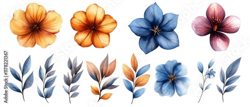 Fototapeta Naklejka Na Ścianę i Meble -  Watercolor floral set with blue, orange, and purple flowers and leaves on a white background