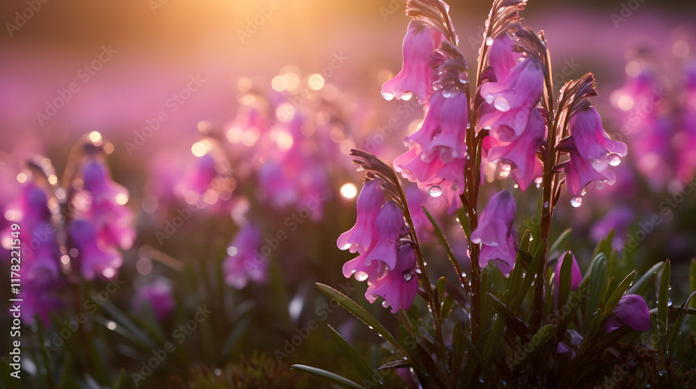Naklejka premium Morning Dew on Delicate Blooms of Heather Flowers: A Symbol of Scottish Wilderness