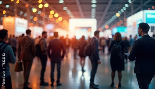 Business people mingle at busy trade show. Silhouettes of professionals navigate large hall filled with bright lights, exhibition booths. Event noisy with activity. Indoor venue hosts many visitors.