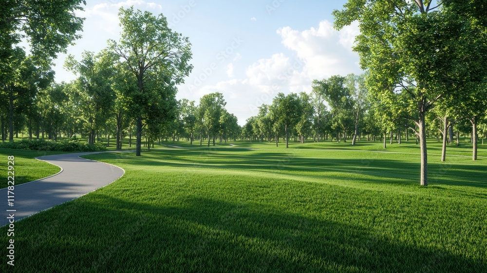 Lush green park with trees and a winding pathway under a clear sky. Lush green park with trees and a winding pathway under a clear sky.