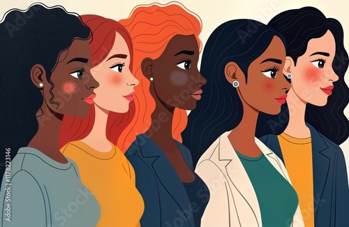 Diverse women stand in row. Various ethnicities represented in casual style. Modern illustration captures inclusivity, multiculturalism of young generation. Positive vibes, friendly expressions. photo