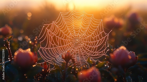 Dewdrops Adorn A Spiderweb At Sunrise Among Flowers
