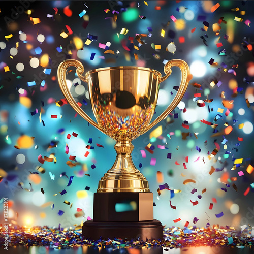celebration banner with image of confetti and trophy