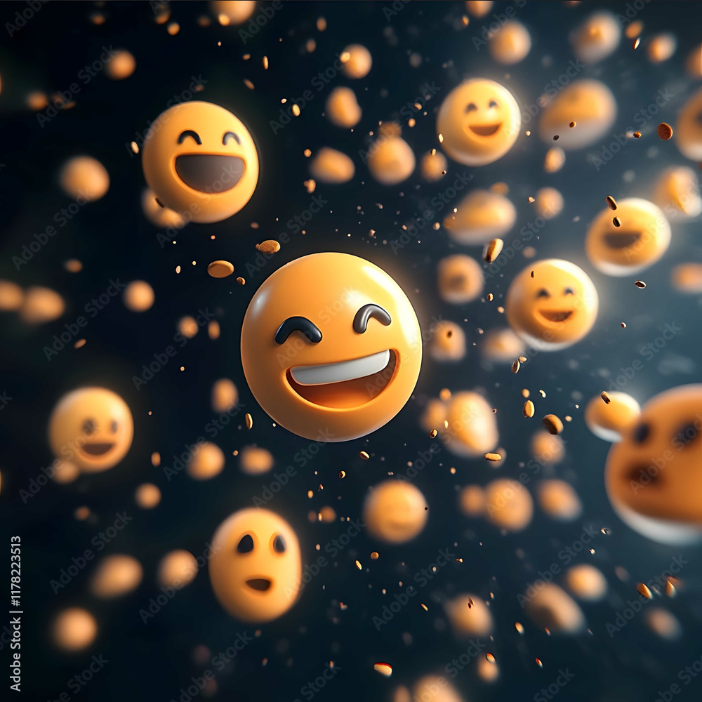 3d image with many flying happy faces on right and sad faces on left dark background emoji style 3d image with many flying happy faces on right and sad faces on left dark background emoji style