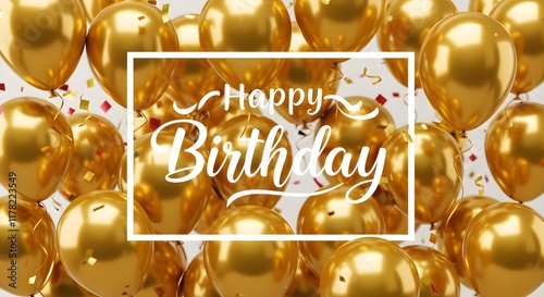 Golden Happy Birthday card with confetti balloons 