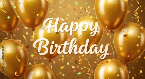 Golden Happy Birthday card with confetti balloons 