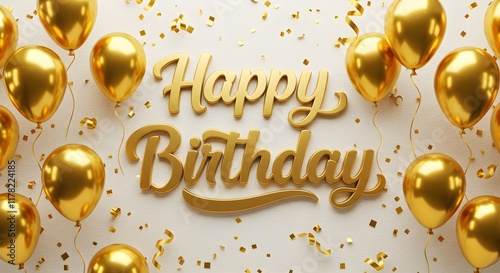 Golden Happy Birthday card with confetti balloons 