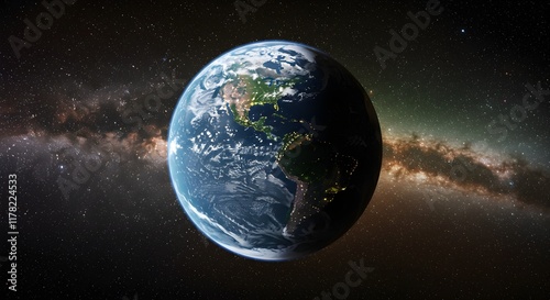 Earth With dark Space background, milky way and stars visible, dark deep space