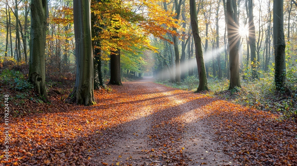 Obraz premium Serene autumn forest path with sunlight filtering through trees.