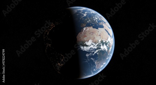 Earth With dark Space background, milky way and stars visible, dark deep space