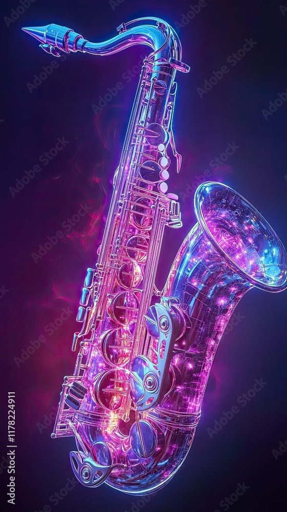 Obraz premium Neon Saxophone Glows Vibrantly In Dark Setting