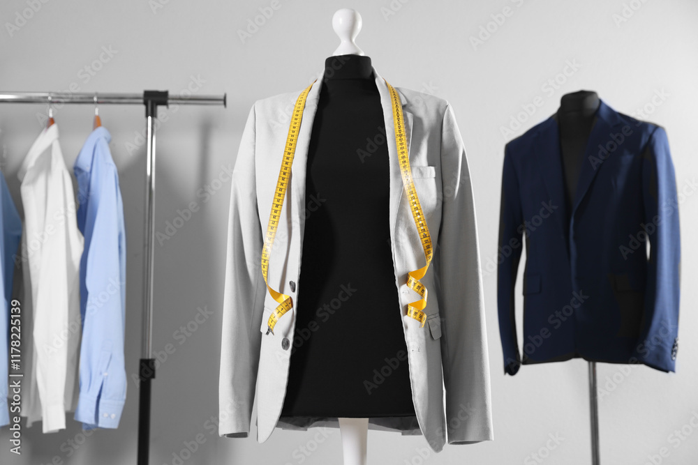 Female mannequin with jacket and measuring tape in tailor shop Female mannequin with jacket and measuring tape in tailor shop