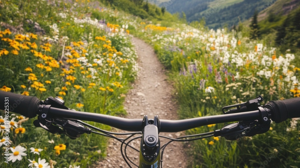 Naklejka premium Mountain bike handlebars on trail through vibrant wildflowers.