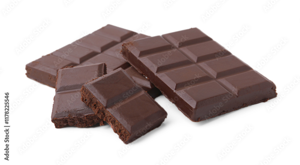 Pieces of delicious dark chocolate bar isolated on white Pieces of delicious dark chocolate bar isolated on white
