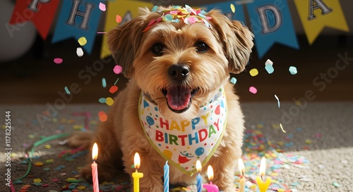 Dog wearing party or Birthday hat with cake, candles and confetti, Birthday concept