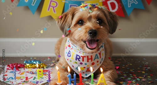 Dog wearing party or Birthday hat with cake, candles and confetti, Birthday concept