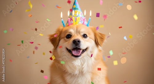 Dog wearing party or Birthday hat with cake, candles and confetti, Birthday concept