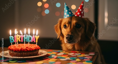 Dog wearing party or Birthday hat with cake, candles and confetti, Birthday concept