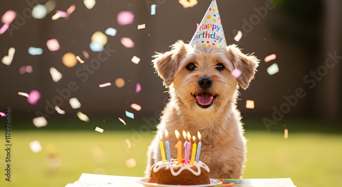 Dog wearing party or Birthday hat with cake, candles and confetti, Birthday concept